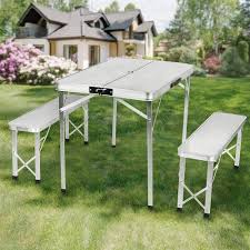 Table de Camping Pliable avec Bancs en Aluminium - 90x60x70 cm (Blanc Argenté)