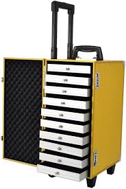 Valise à Bijoux à Roulettes - 10 Étagères - Jaune