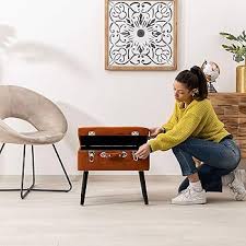 Pouf Rangement Velours Valise - Rouge Cognac 50x35x46 cm